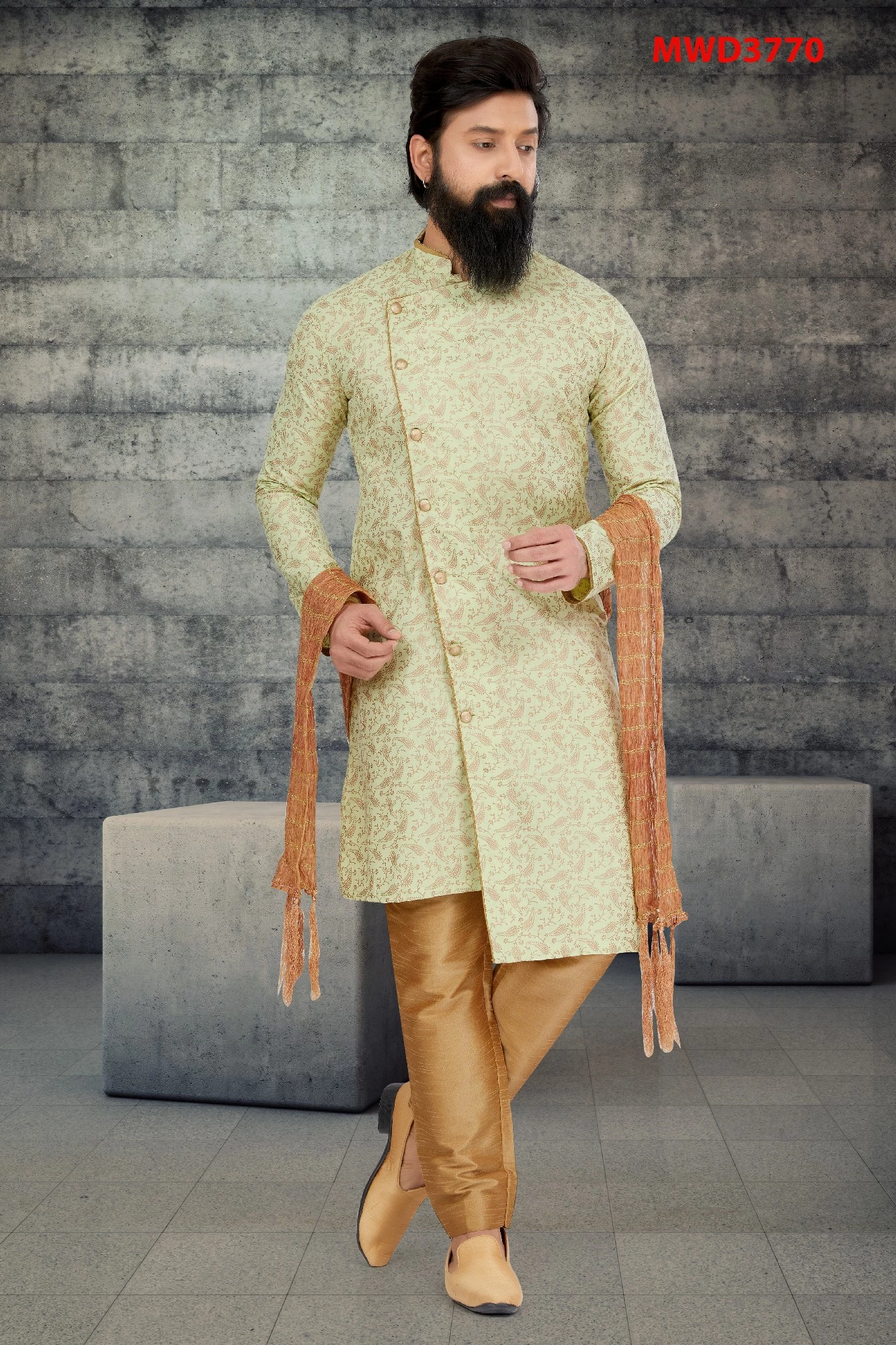 Green Asymmetric Printed Indo Western Sherwani, 52-1.webp